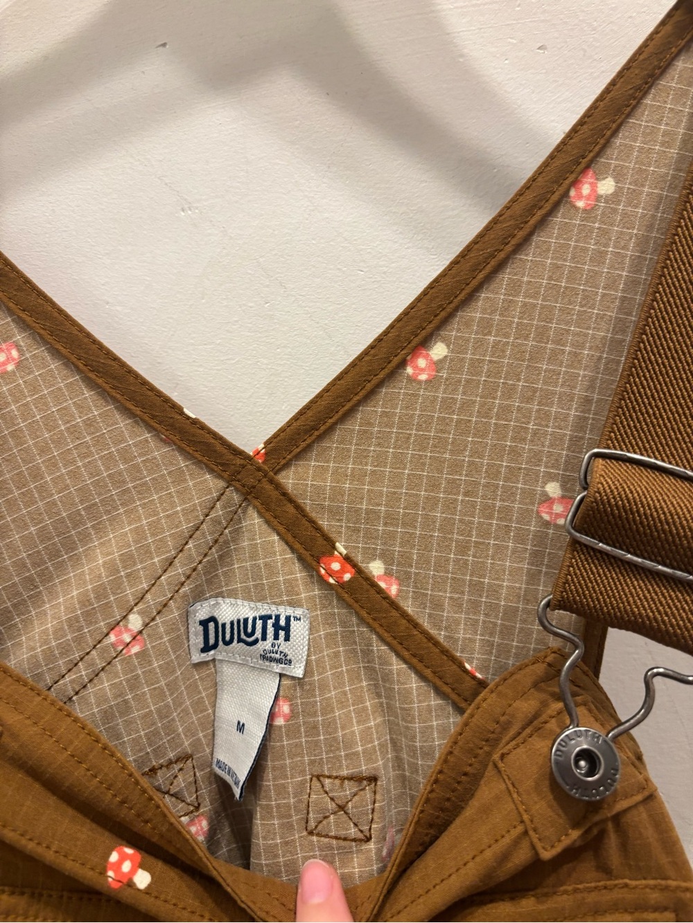 Duluth Trading Co Brown Overalls with Tiny Pink Mushroom Print - Picture 3 of 4